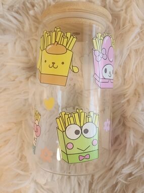 Sanrio Fries 16 Oz Glass Cup Tumblr With Bamboo Lid Hello Kitty